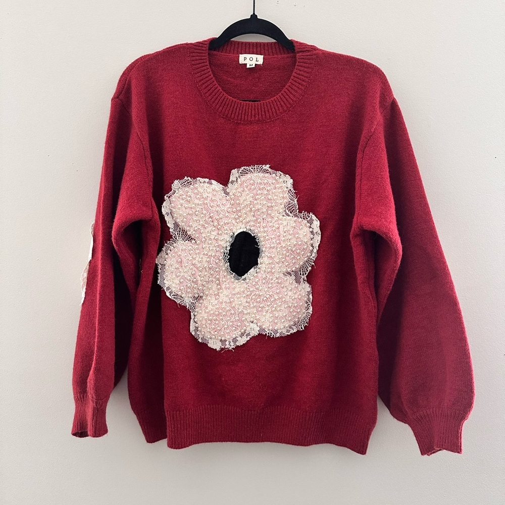 POL Clothing Burgundy Red Floral Lace Pearl Applique‎ Knit Sweater
